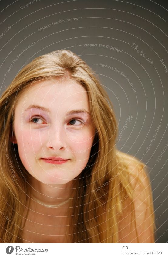 I wonder what she's thinking. Woman Youth (Young adults) Blonde Shoulder Gray Eyebrow Progress Human being Hair and hairstyles Face Nose Eyes Mouth Neck Chain