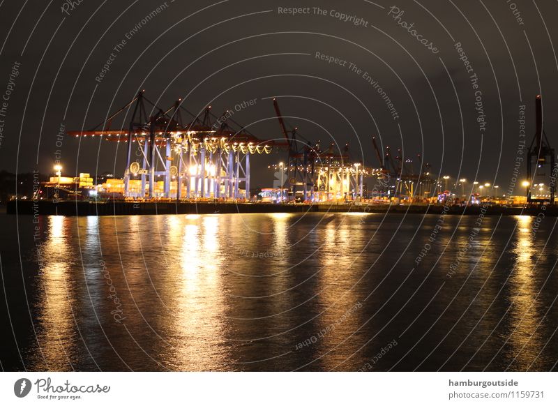 hamburg port River Transport Traffic infrastructure Navigation Inland navigation Harbour Container Dark Colour photo Exterior shot Deserted Copy Space top