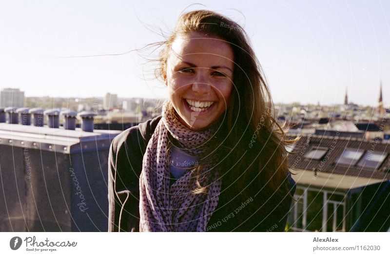 Mimi Maier on the roof in St. Pauli Trip Summer Sun Roof Chimney Skyline Young woman Youth (Young adults) Face brood 18 - 30 years Adults Landscape