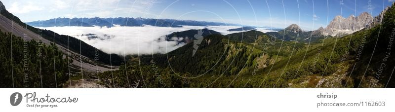 Panorama with Dachstein Environment Nature Landscape Sky Clouds Horizon Climate Weather Beautiful weather Fog Tree Hill Rock Alps Mountain Peak Fantastic