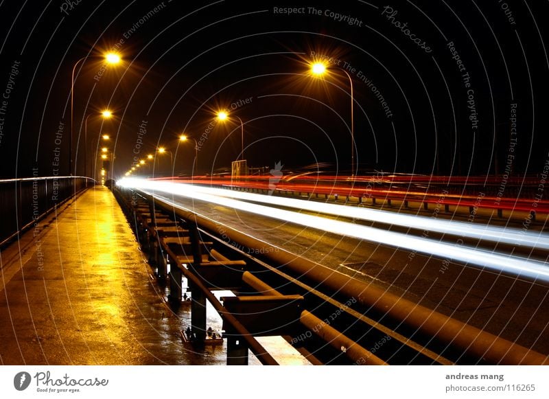 the bridge Night Dark Light Lamp Long exposure Street lighting Radiation Crash barrier Speed Lighting Transport Wet Damp Closing time Far-off places Bridge