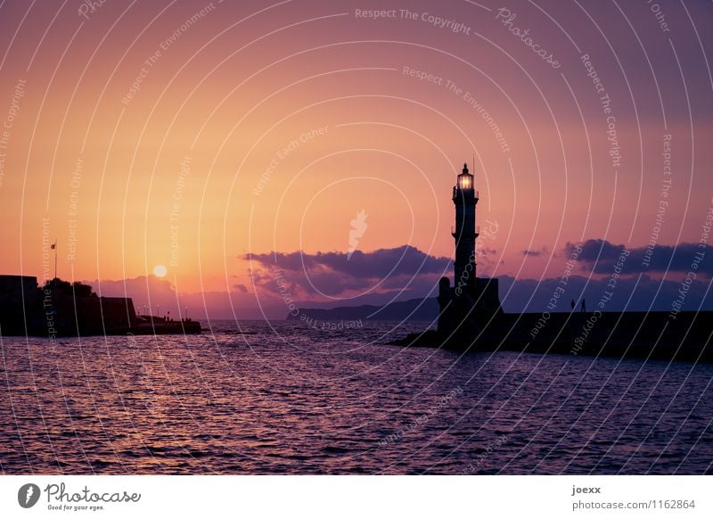 Chania Tourism Far-off places Freedom Summer Water Sky Clouds Horizon Sun Sunrise Sunset Beautiful weather Waves Island Crete Harbour Lighthouse Architecture