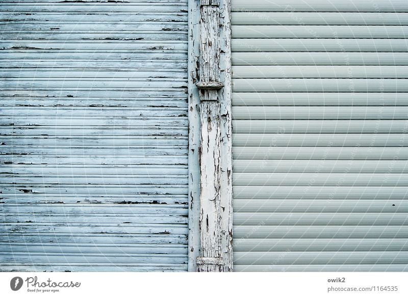 rest day Shutter Venetian blinds Wood Plastic Transience Change Barricaded Closed Slat blinds Old New Division Dye Light blue Crack & Rip & Tear Ravages of time