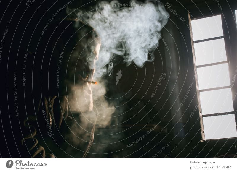 smoking man in gloomy mood Human being Man Life Smoking Cigarette Cigarette smoke Loneliness Mysterious lost in thought Smoke cloud Subdued colour Smoky