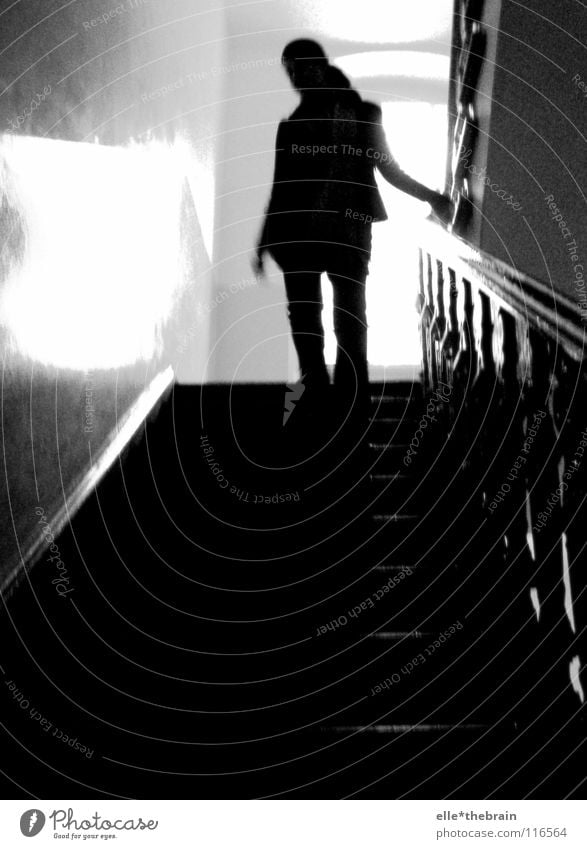 stairwell Woman Hallway Staircase (Hallway) Old building Grief Winter Cold Black & white photo Stairs Sadness