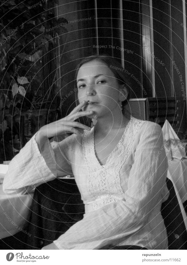 tuxedo Woman Cigarette Skeptical Dominant Smoke Sit Looking Black & white photo