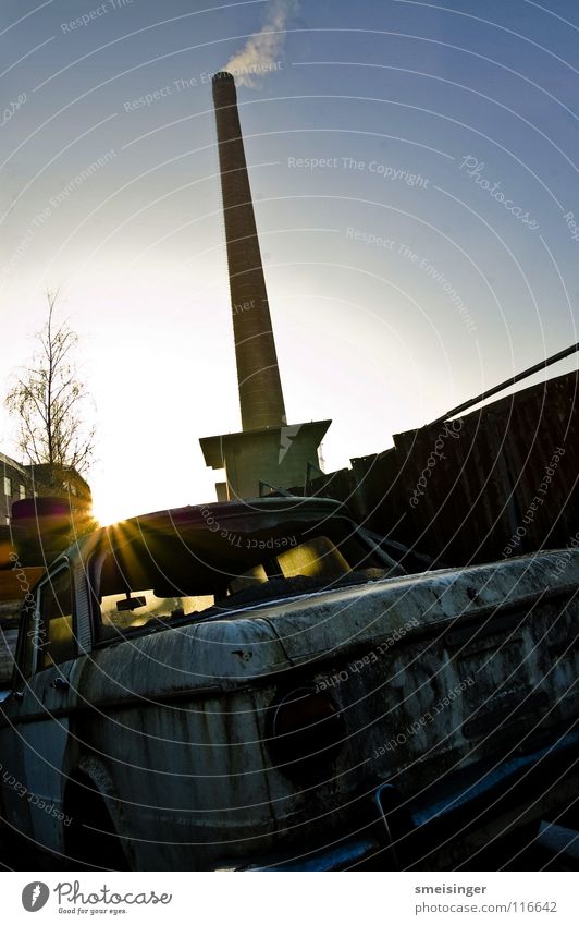 industrial romance X Chimney Factory Window Wide angle Nostalgia Scrap metal Scrapyard Trash Sunset Back-light Industry Transience Sky Old Shadow Smoke Car Rust