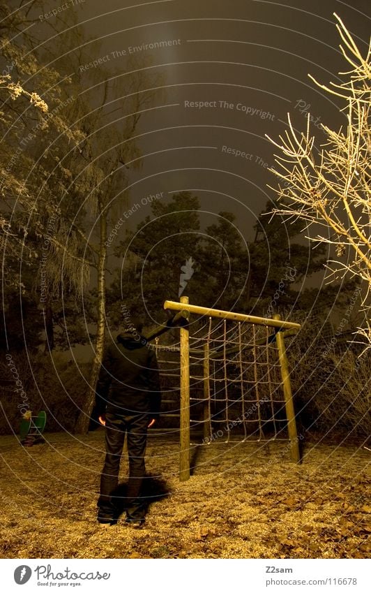 night stable II Night Dark Tree Light Exposure Long exposure Stand Black Transparent Bushes Street lighting Yellow Frozen Winter Cold 2 Hoar frost Creepy