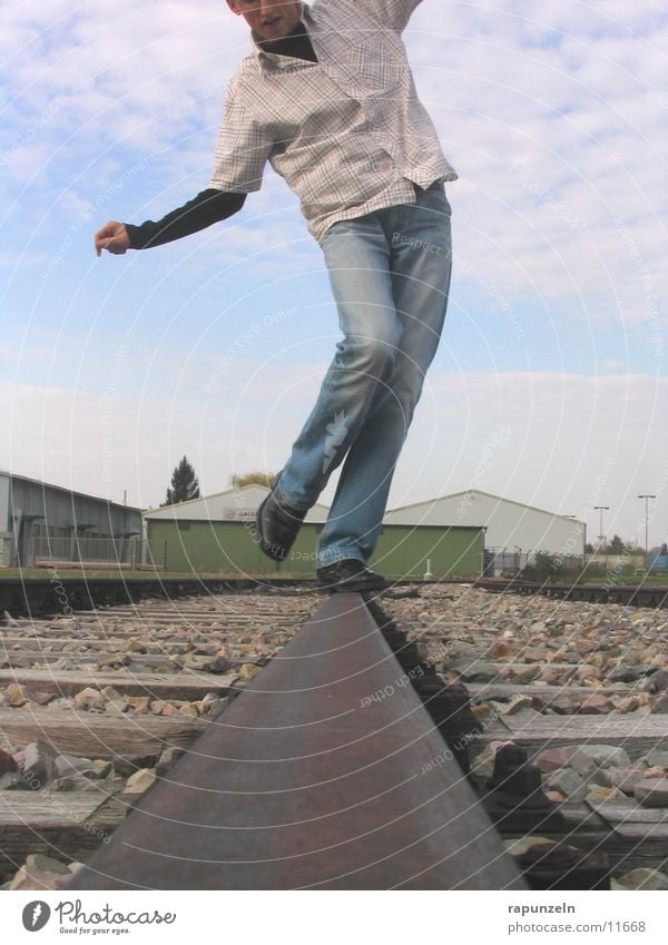 balance disturbance or dance? ;-) Man Railroad tracks Scurry Contentment Human being Legs Dance