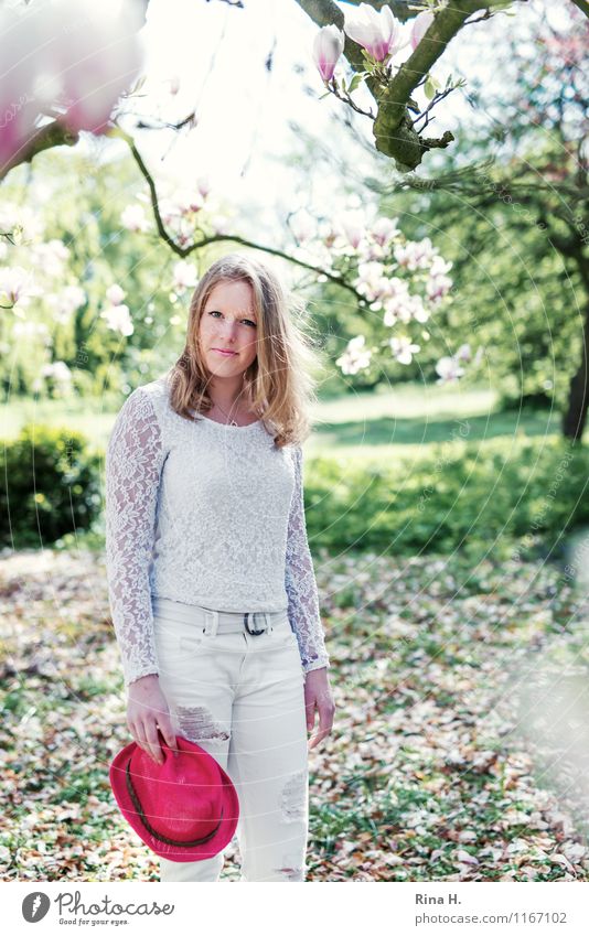 Magnolia Girl II Spring Beautiful weather Tree Bushes Garden Park Meadow T-shirt Jeans Hat Hair and hairstyles Blonde Long-haired Stand Bright Contentment