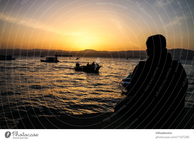 Sundown by the sea Human being Masculine 1 Environment Coast Lakeside Beach Bay Ocean Fishing village Navigation Boating trip Passenger ship Fishing boat