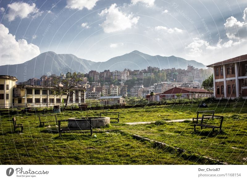 Schoolyard in Kathmandu Landscape Sky Clouds Sunlight Beautiful weather Mountain Himalayas Deserted Park Garden Safety (feeling of) Wanderlust Adventure