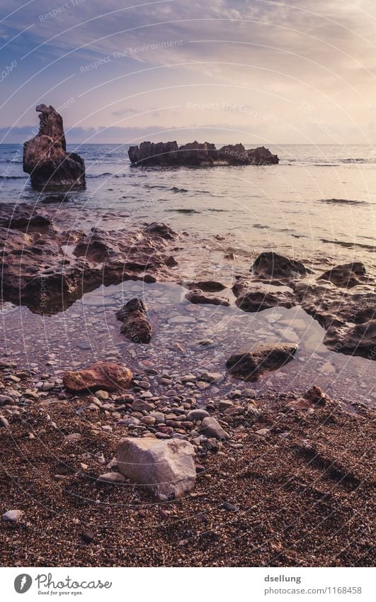 Rocky coast in the morning light kind rocky Wide angle Back-light Panorama (View) Romance Elements Reflection Light (Natural Phenomenon) Colour photo Sunbeam