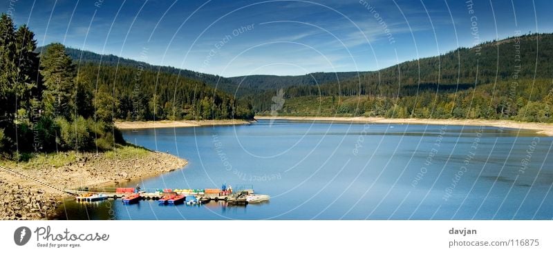 idyllic Black Forest Retaining wall Lake Beach Idyll Remote Panorama (View) Forbach Schwarzenbach dam Water Blue pedal boat boat hire Calm Panorama (Format)