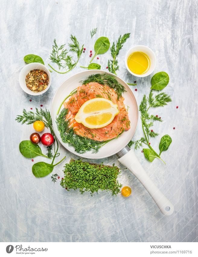 Salmon fillet in white pan with herbs and spices Food Fish Vegetable Lettuce Salad Herbs and spices Cooking oil Nutrition Lunch Dinner Banquet Organic produce