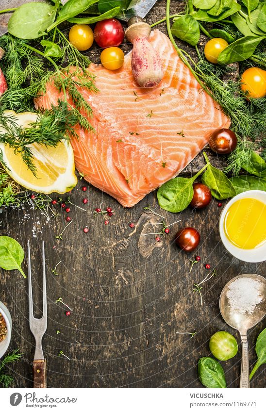 Salmon with fresh ingredients on a rustic table Food Fish Vegetable Lettuce Salad Herbs and spices Cooking oil Nutrition Lunch Dinner Organic produce