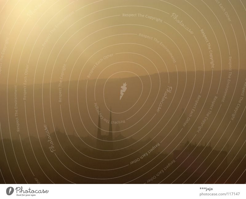 double horn in gold. Town Light Sunset Moody Würzburg Evening sun Twilight Sunrise Devil Romance Fog Back-light Dark Delicate Franconia Sunbeam