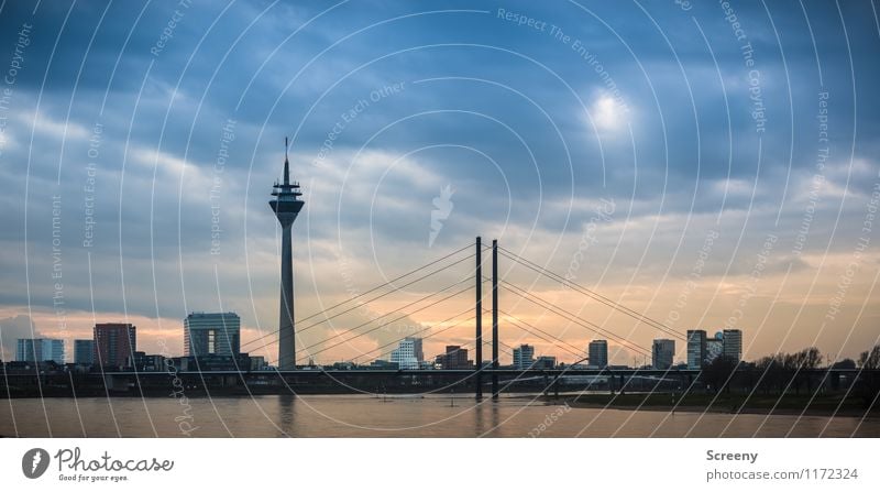 Düsseldorf Skyline Clouds Sunrise Sunset River Rhine Duesseldorf Federal eagle Town Downtown High-rise Bridge Tower Manmade structures Building Architecture