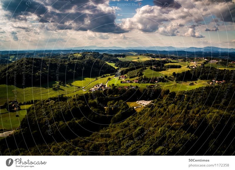 Green Styria from above Summer Summer vacation Nature Landscape Storm clouds Sunlight Beautiful weather Meadow Field Forest Hill Federal State of Styria Austria