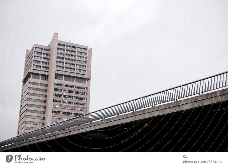 skyscraper Sky Clouds Town High-rise Bridge Manmade structures Building Architecture Bridge railing Sharp-edged Gray Colour photo Subdued colour Exterior shot