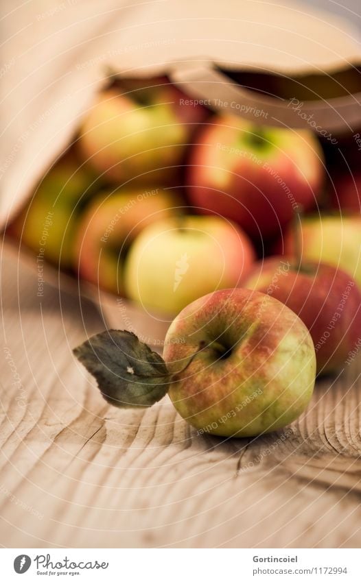 organic Fruit Apple Organic produce Summer Autumn Leaf Fresh Healthy Sweet Paper bag Harvest Autumnal Colour photo Subdued colour Deserted Copy Space bottom