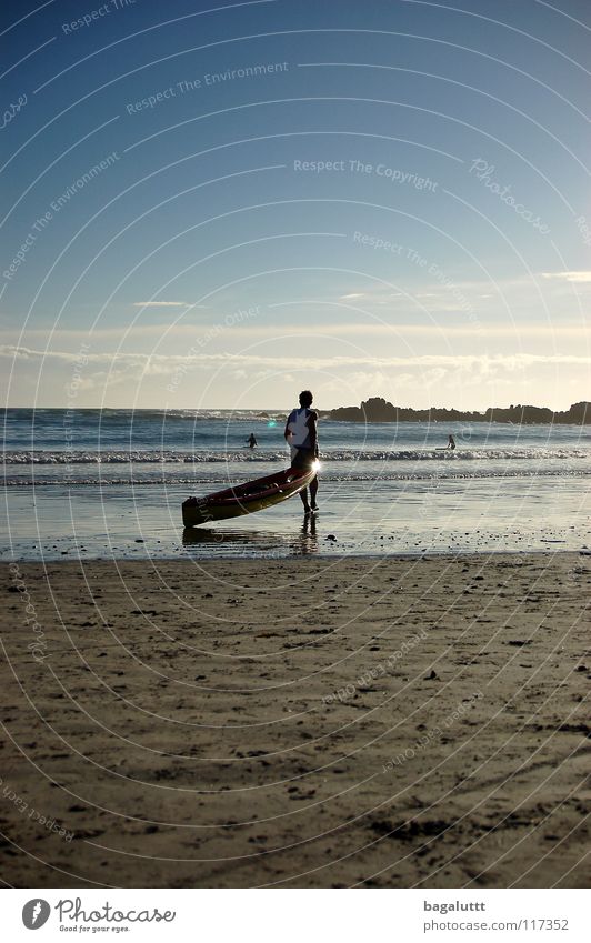 on the way Ocean Beach Coast Man Watercraft Rowboat Paddle Red T-shirt Aquatics Vacation & Travel Dream Store premises Summer Clouds Panorama (View) Switch off