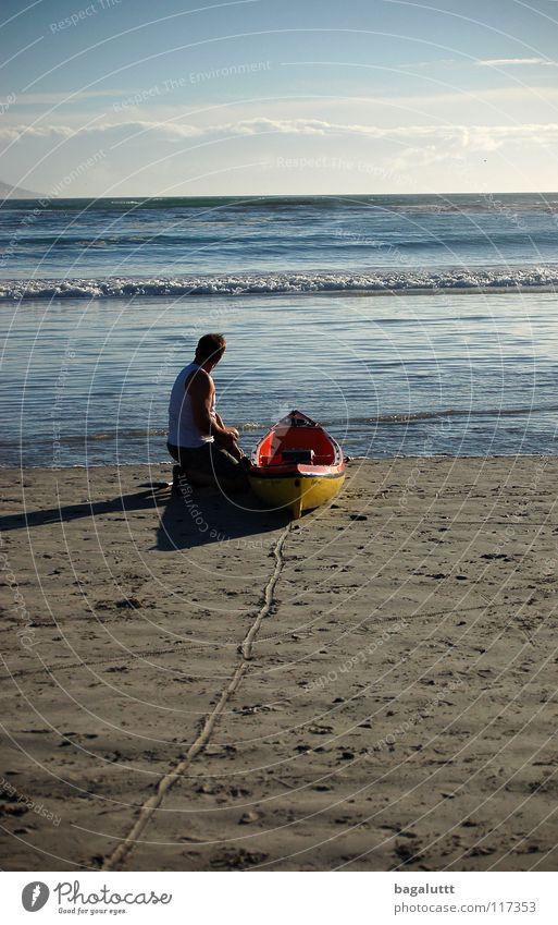 trace Ocean Beach Coast Man Watercraft Rowboat Paddle Red Aquatics Vacation & Travel Dream Summer Clouds Panorama (View) Switch off Task Loneliness Blue Point