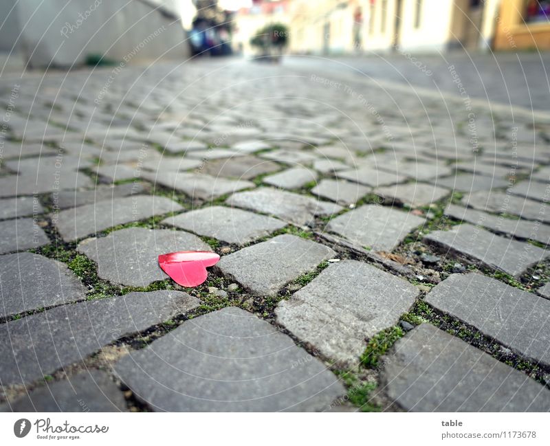 what remains . . . Happy Flirt Valentine's Day Wedding Town Old town Street Sidewalk Kitsch Odds and ends Heart Stone Metal Plastic Sign Lie Glittering Small