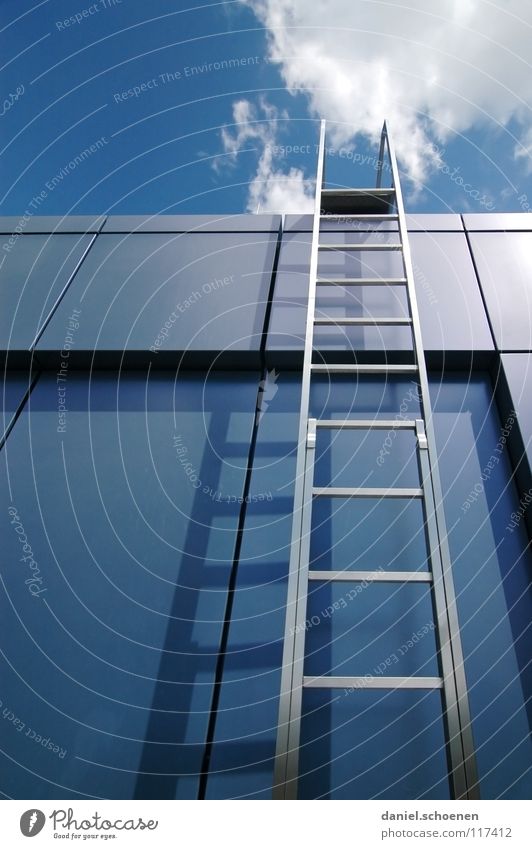 Career ladder 2008 Clouds Go up Summer Sun Abstract White Cyan Roof Detail Industry Stairs Ladder Sky Weather Blue Metal Architecture