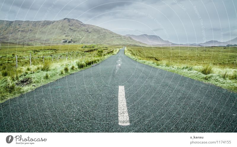 Irish Highway Nature Landscape Earth Sky Clouds Horizon Bad weather Grass Bushes Moss Hill Mountain Field Deserted Traffic infrastructure Motoring Street