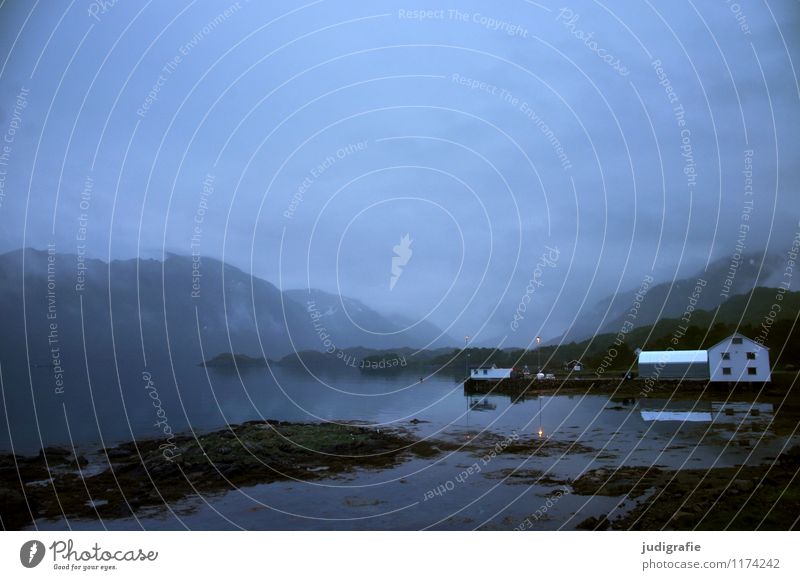 Vesterålen Environment Nature Landscape Water Sky Night sky Climate Fjord Fishing village House (Residential Structure) Building Exceptional Dark Cold Maritime