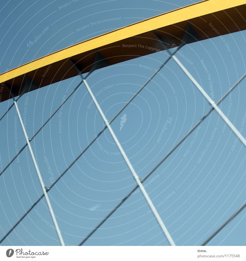 Under tension Sky Beautiful weather Bridge Manmade structures Building Architecture Metal Steel Line Net Prop Blue Yellow Silver Stress Design Advancement