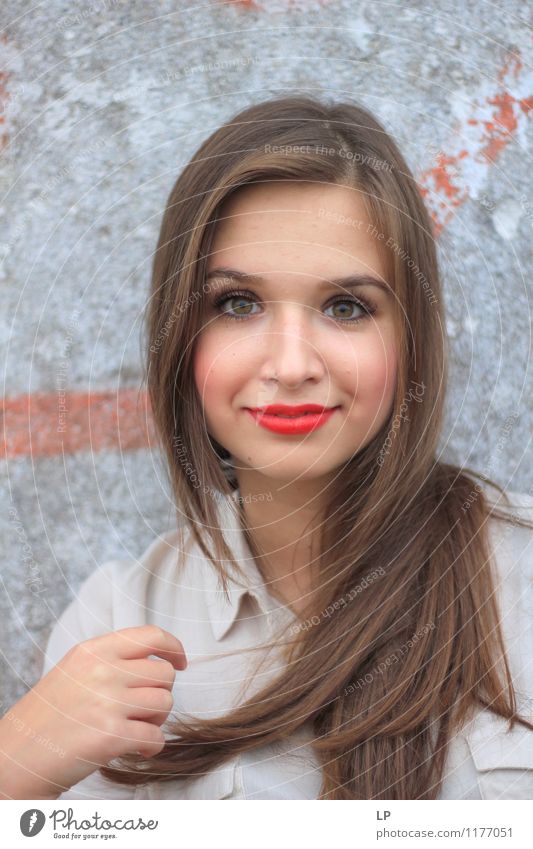 L1 Beautiful Make-up Lipstick Young woman Youth (Young adults) Hair and hairstyles Face To enjoy Smiling Soft Gray Red Self-confident Optimism Success Willpower