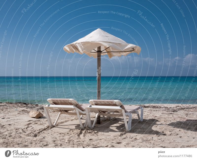 Vacation! Vacation & Travel Tourism Far-off places Summer Summer vacation Sun Sunbathing Beach Ocean Sunshade Deckchair Landscape Sky Cloudless sky Coast