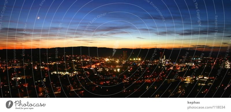 Lights of the small town Evening Twilight Night Long exposure Panorama (View) Lamp Sky Clouds Moon Small Town Dark Hope Longing Expectation Winterthur