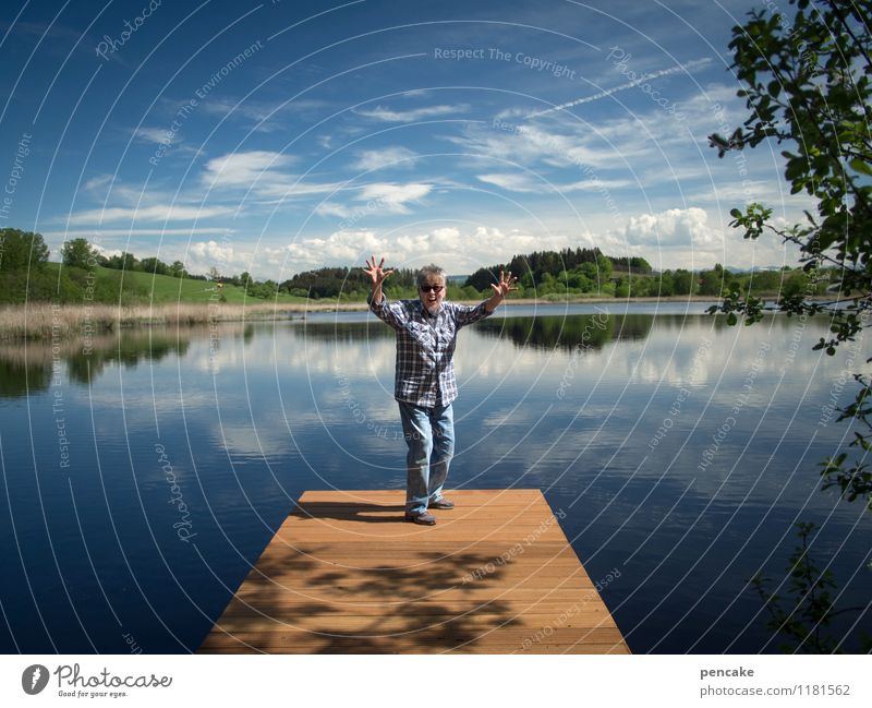 Here and Now Human being Woman Adults 1 45 - 60 years Nature Landscape Elements Water Sky Summer Beautiful weather Hill Lakeside Joy Happiness