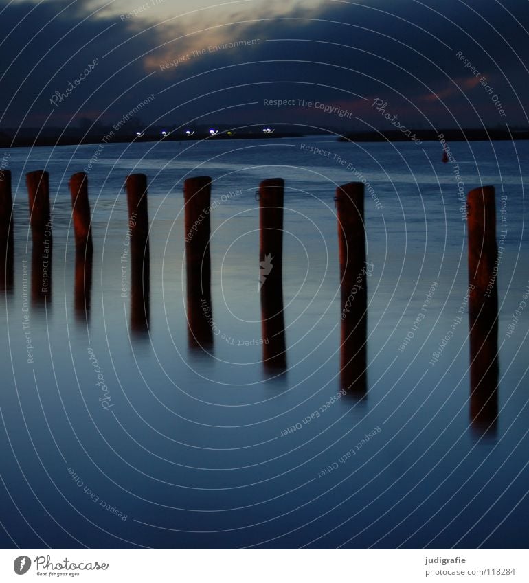 New Year's morning Fischland Lake Beaded Calm Reflection Morning Boddenlandscape NP Zingst Long exposure Harbour very early Fog Pole grey-blue Nature Water Row