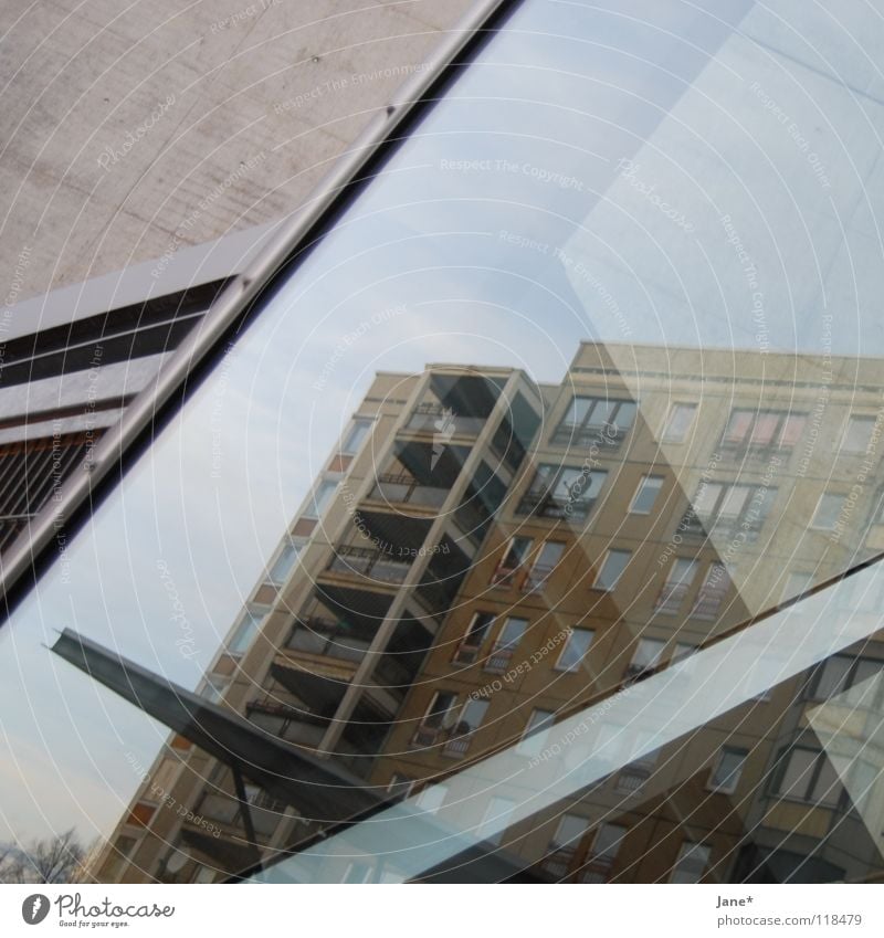 plate ² Prefab construction Reflection Dresden Town Home country Gray Cold Light Sky Square Concrete Diagonal Medium format Architecture dd d² double d