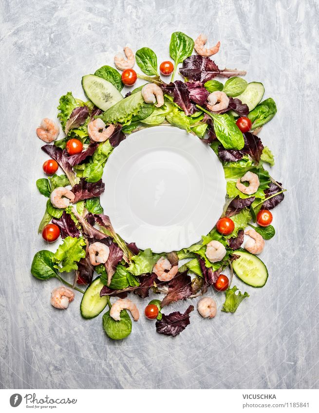 Colourful salad with shrimps around the plate Food Seafood Vegetable Lettuce Salad Herbs and spices Nutrition Lunch Banquet Organic produce Vegetarian diet Diet