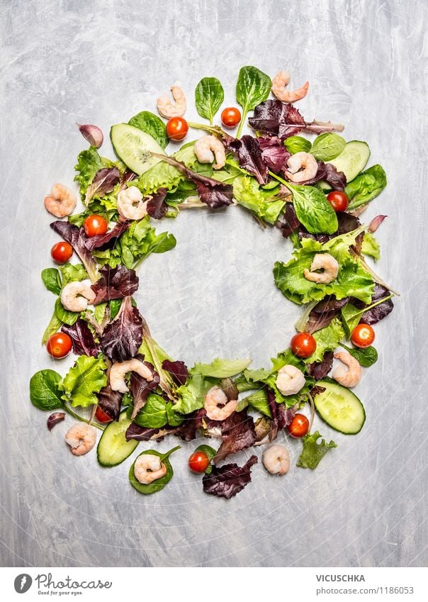 Colourful salad with tomatoes and shrimps Food Seafood Vegetable Lettuce Salad Nutrition Lunch Organic produce Vegetarian diet Diet Style Design Healthy Eating