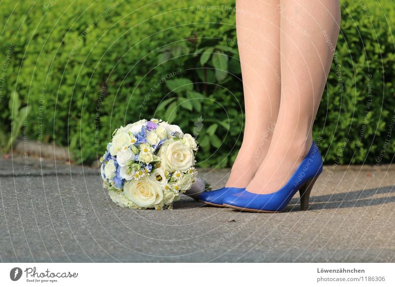 wedding details III Feminine Young woman Youth (Young adults) Legs Feet 18 - 30 years Adults Footwear High heels Bouquet Stand Wait Esthetic Beautiful Blue