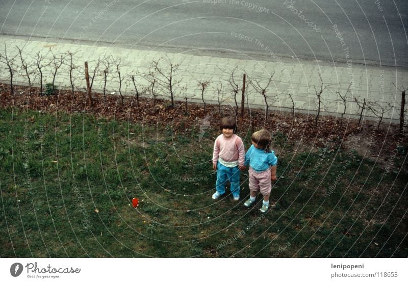 pinkish-blue garden friendship Child Girl Bird's-eye view Pink Neighbor Balcony Meadow Hedge Twin Brothers and sisters Friendship Clothing Similar Slide