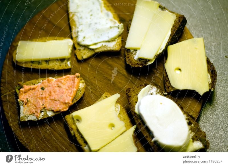 Seven canapés Healthy Eating Dish Food photograph Nutrition Vegetarian diet Bread Sandwich slice Buffet Cheese Sliced cheese Dairy cream Dip Chopping board