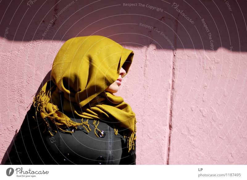 profile of a girl wearing mustard scarf against a pink background Lifestyle Luxury Elegant Style Beautiful Cosmetics Make-up Lipstick Wellness Harmonious