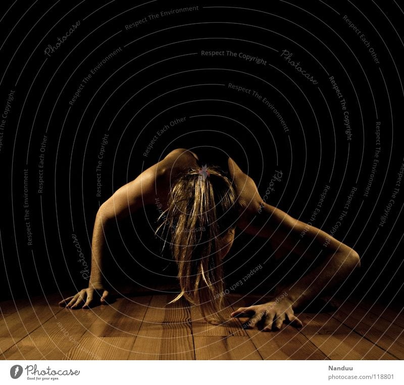 on Distend Warming up Woman Dark Hand Shoulder Ponytail Supple Under Small Strange Parquet floor Creepy Horror film Exhaustion Fatigue Fitness Power Force