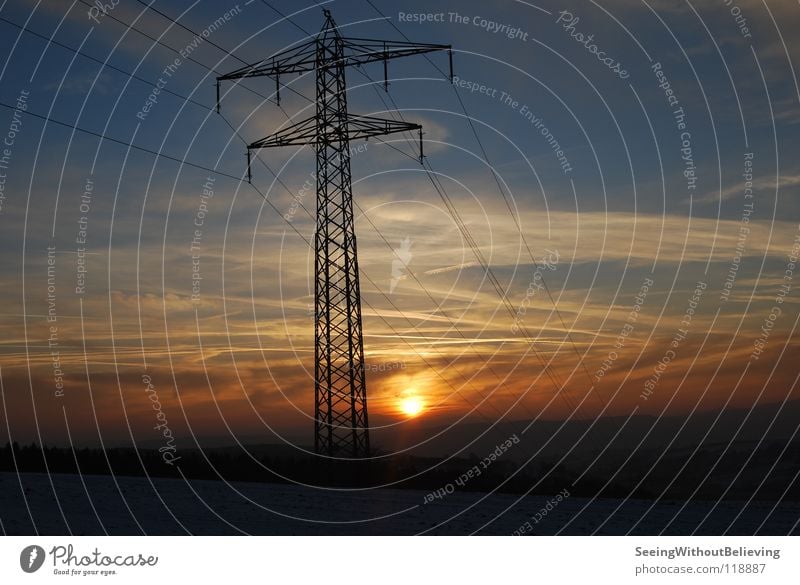 Sunset in January Winter Electricity pylon Clouds Cable Dusk Sky