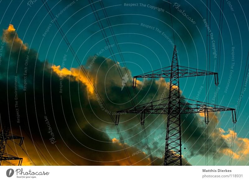 Power pylons (1,5) Electricity Electricity pylon Steel Danger of Life Clouds Sunset Storm clouds Green Twilight Half Rural Ecological Energy industry