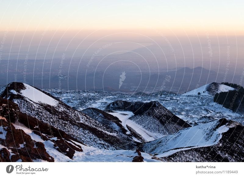 View from Etna . Climbing Mountaineering Nature Landscape Horizon Sunrise Sunset Beautiful weather Snowcapped peak Volcano Mount Etna Coast Ocean