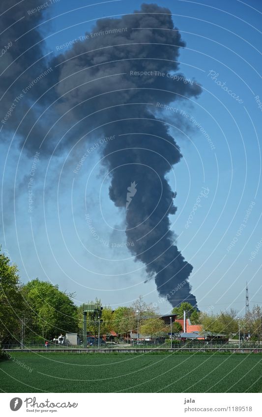 blaze Environment Landscape Air Sky Clouds Plant Tree Grass Field Town Manmade structures Building Dark Fire Exhaust gas Smoke cloud Colour photo Exterior shot