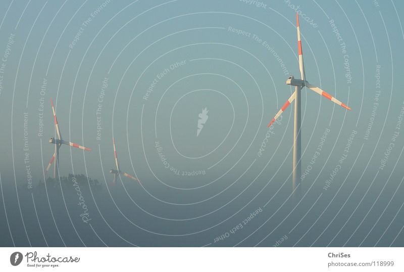 in the morning at 6.15 am Fog Morning Sunrise Renewable energy Electricity Ecological Gray Red Engines Horizon Summer Northern Forest Industry Wind energy plant